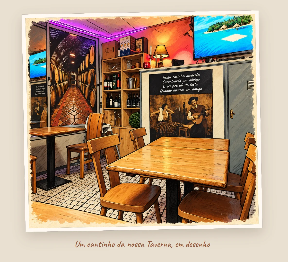 Ilustração do interior da Taverna, com as mesas, garrafeira e quadros